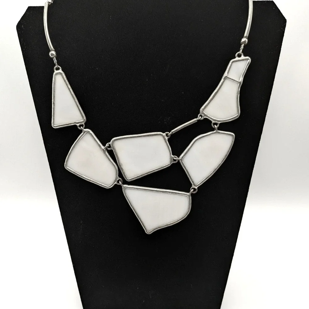 Geometric White Glass Statement Necklace Silver Tone Bib by Lapis Zagreb Croatia - Picture 9 of 9